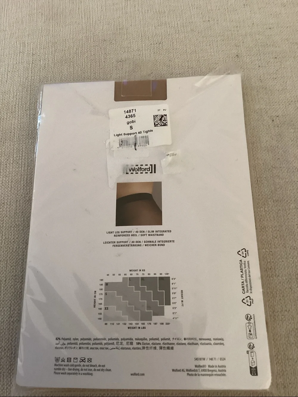 Wolford Light Support 40 Tights, 40 Den, Gobi, Size Small, NWT